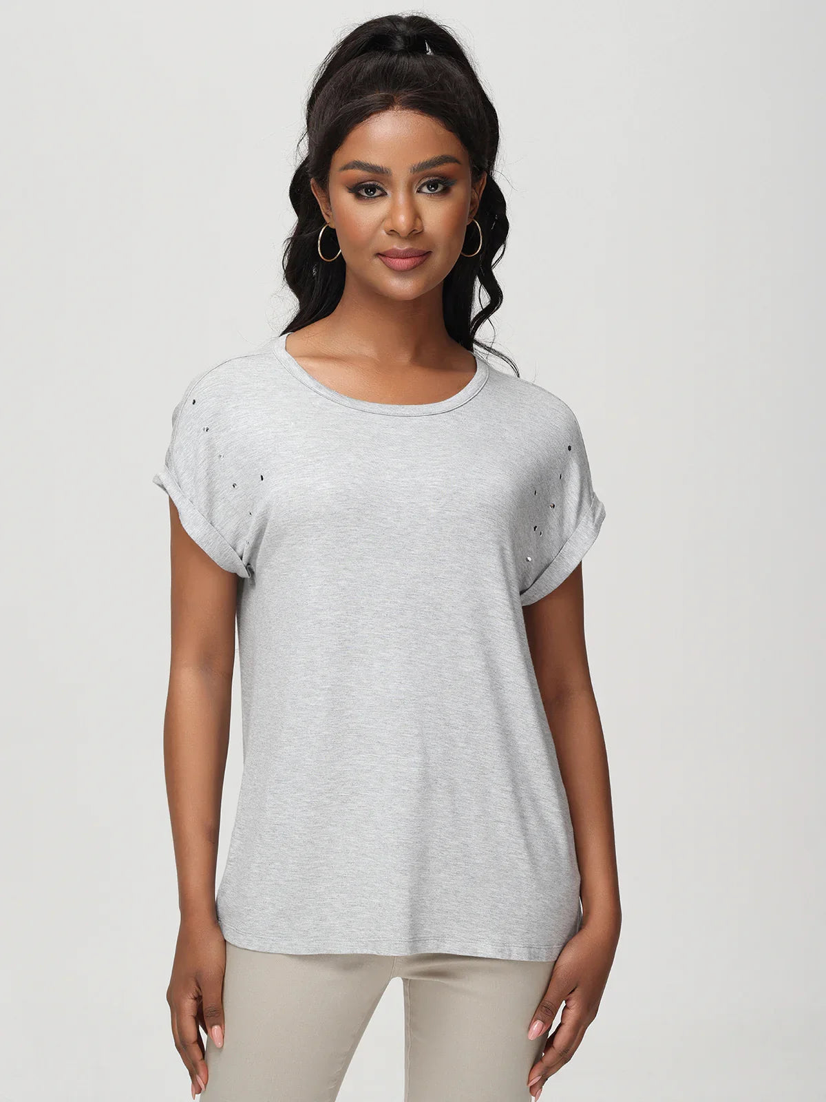 Crewneck Roll Cuff Short Sleeve Top