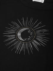 Black t-shirt with celestial design featuring a moon and sun on a plain background