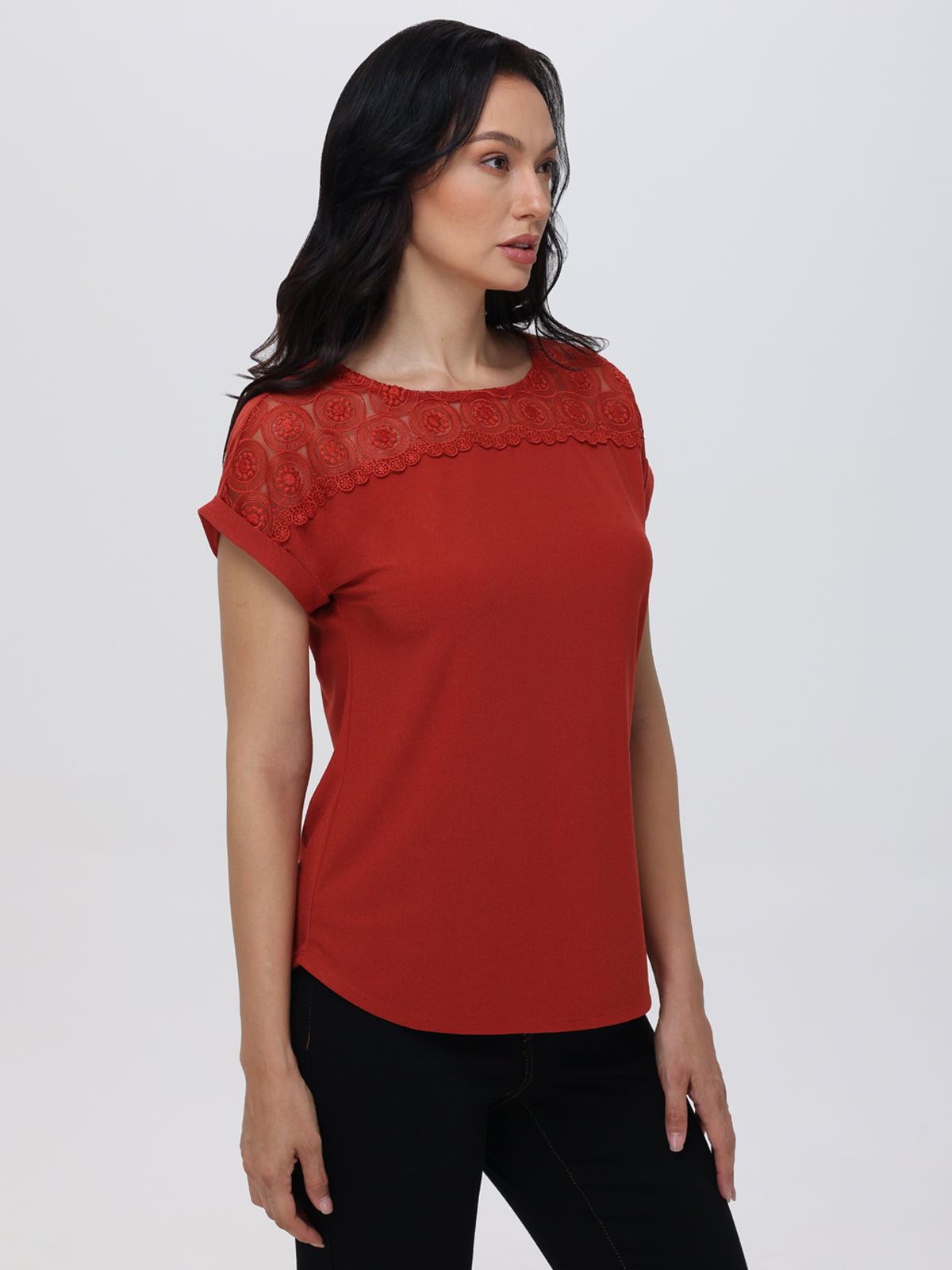Lace Panel Rolled Cuff Top