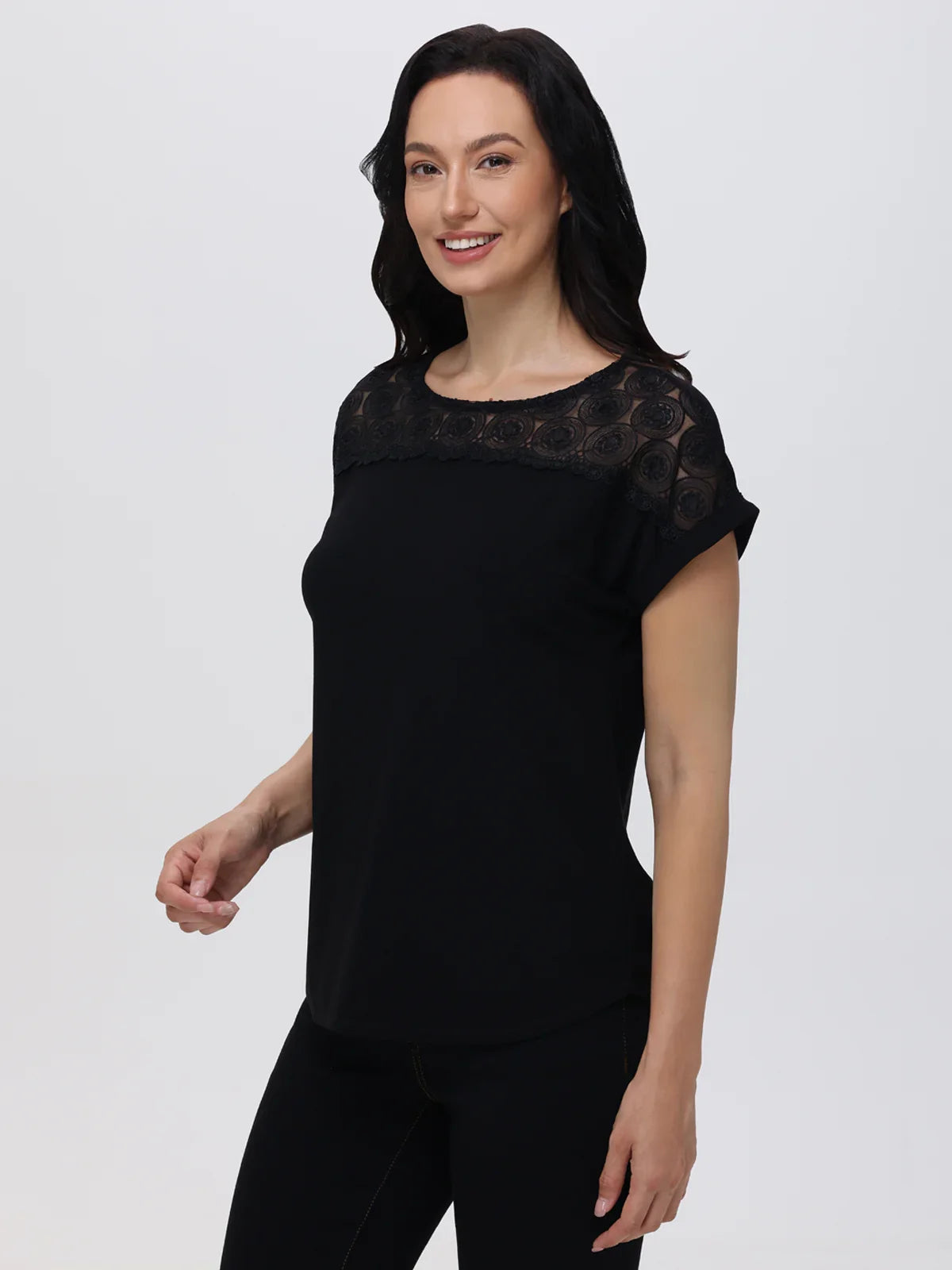 Lace Inset Rolled Cuff Cool Feel Top