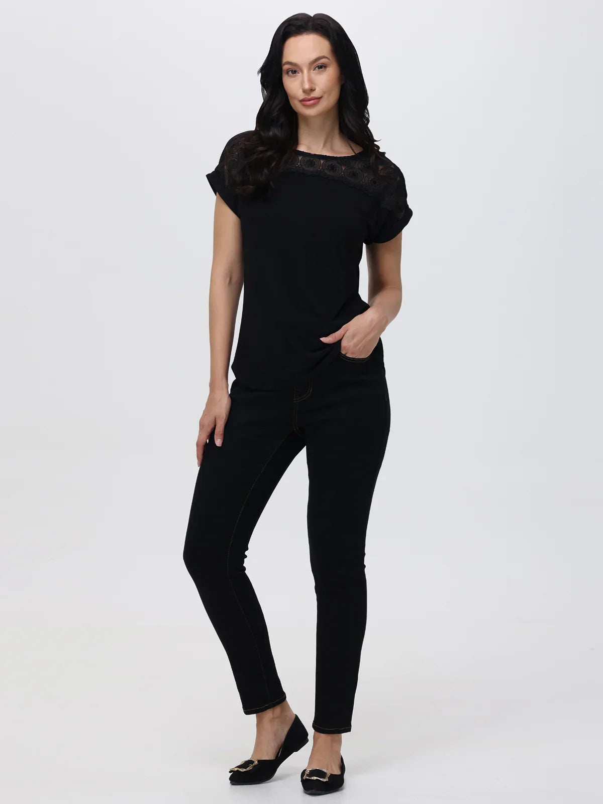 Lace Inset Rolled Cuff Cool Feel Top