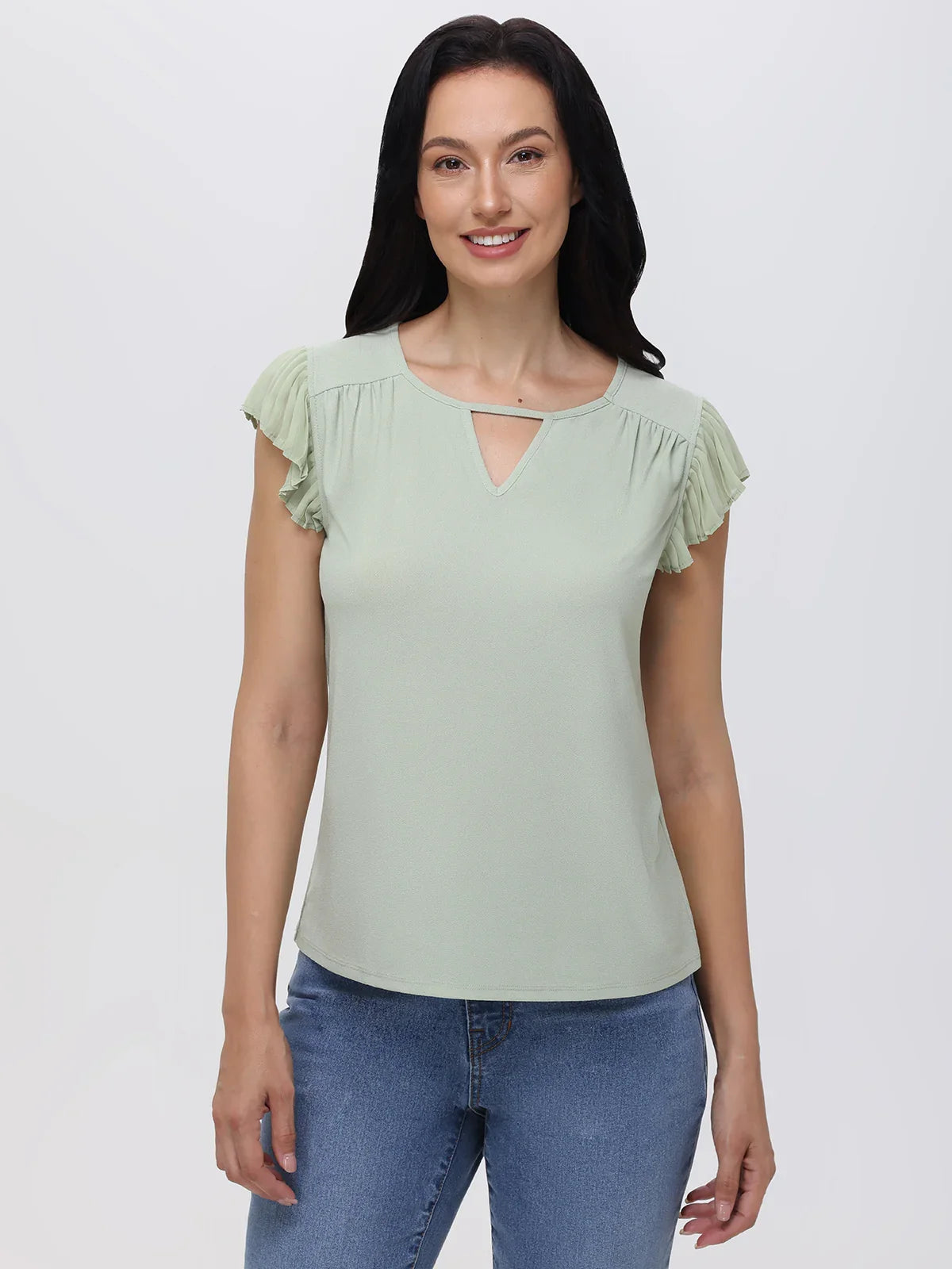 Keyhole Neck Flutter Sleeve Cool Feel Top