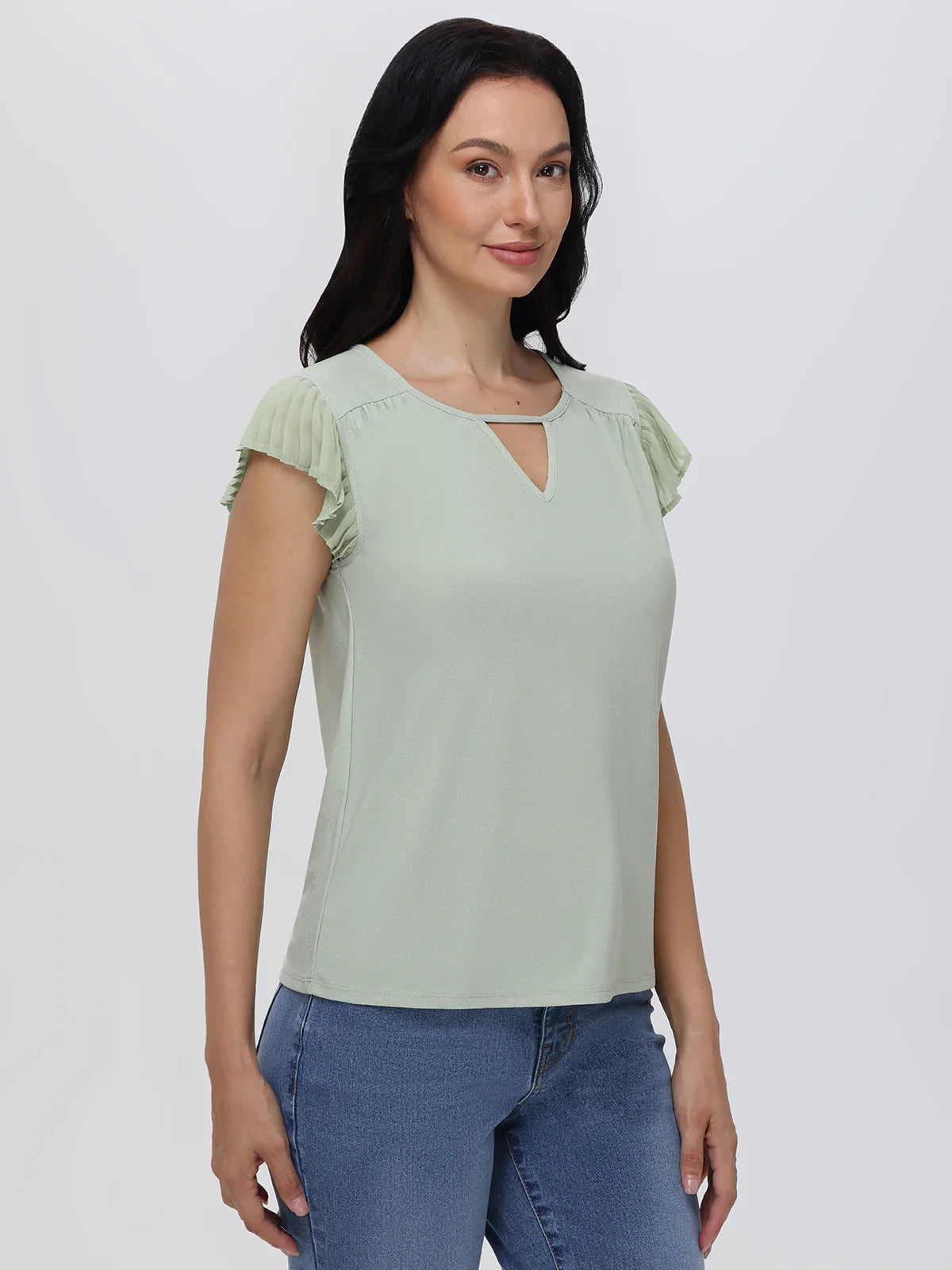Keyhole Neck Flutter Sleeve Cool Feel Top