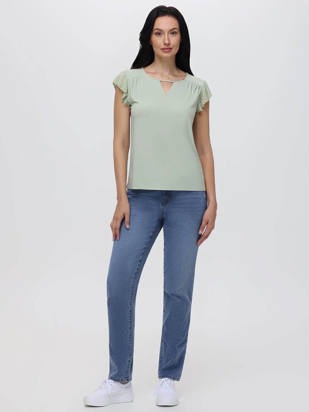 Keyhole Neck Flutter Sleeve Cool Feel Top