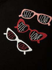 Three pairs of sunglasses with 'SELF LOVE' text on a black background