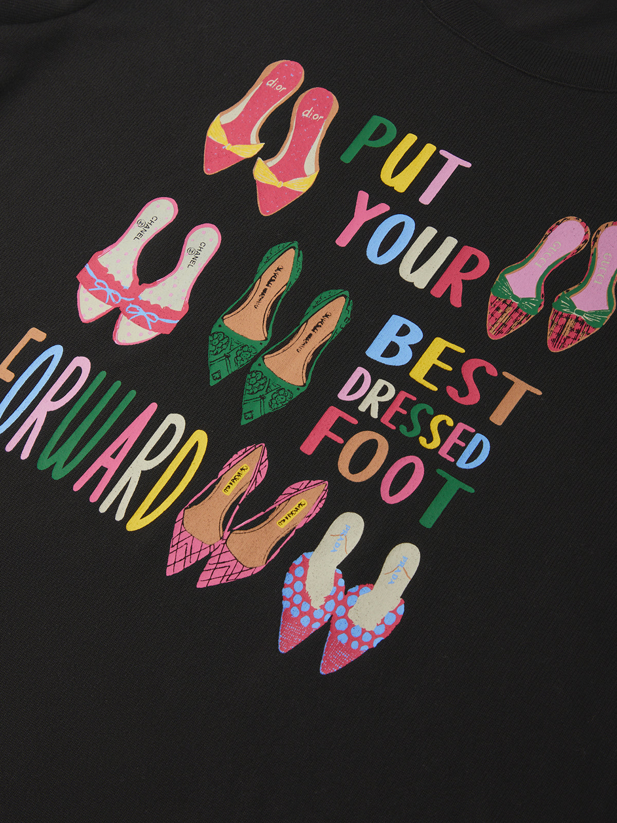 Black sweatshirt with colorful shoe illustrations and text on a black background