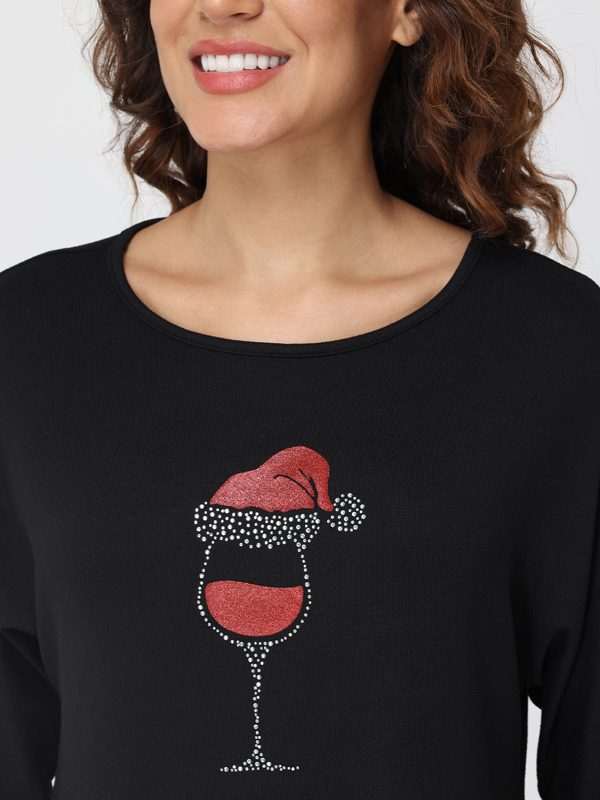 Black sweatshirt with a wine glass and Santa hat design on a plain background