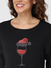Black sweatshirt with a wine glass and Santa hat design on a plain background