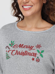 Gray sweatshirt with 'Merry Christmas' design on a plain background