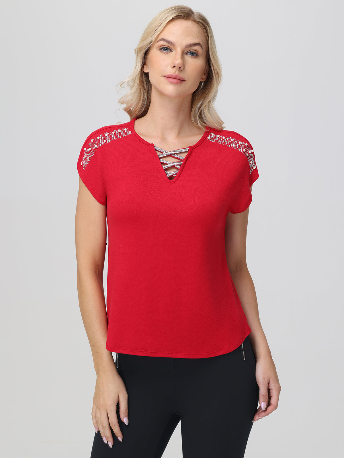 89th & Madison Plus 2X Solid Red offers Button Detail Down One Side Short Sleeve Top