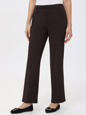 Dark brown pants worn by a person on a white background