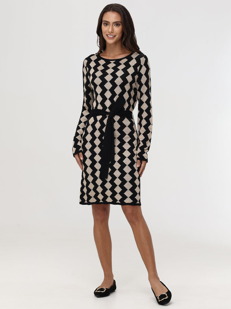 Geo Jacquard Belted Dress