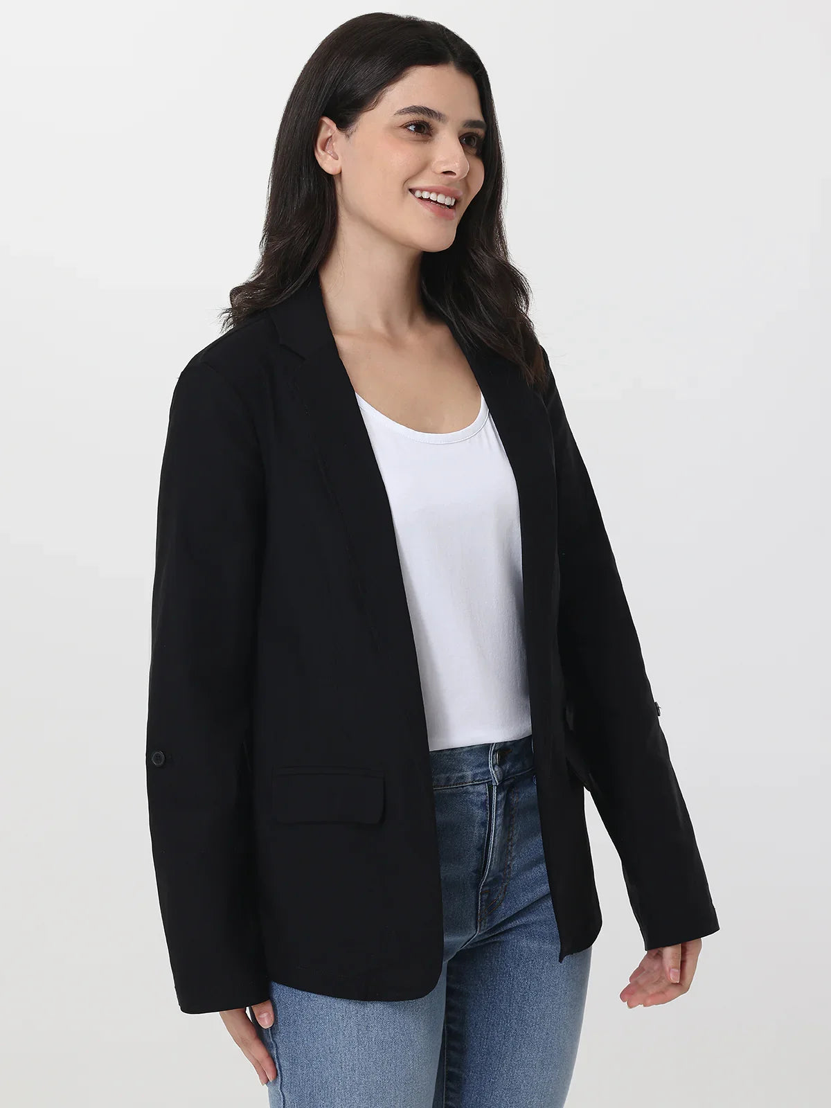 Lapel Collar Roll Tab Sleeve Blazer