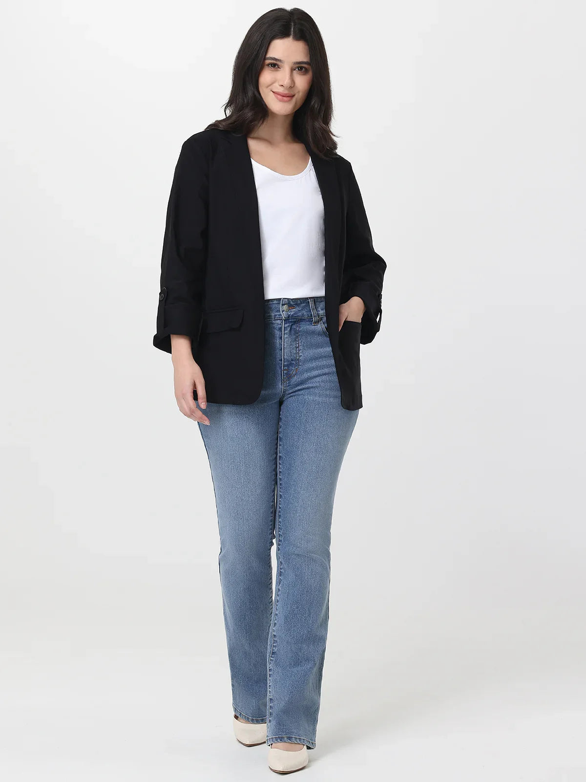 Lapel Collar Roll Tab Sleeve Blazer