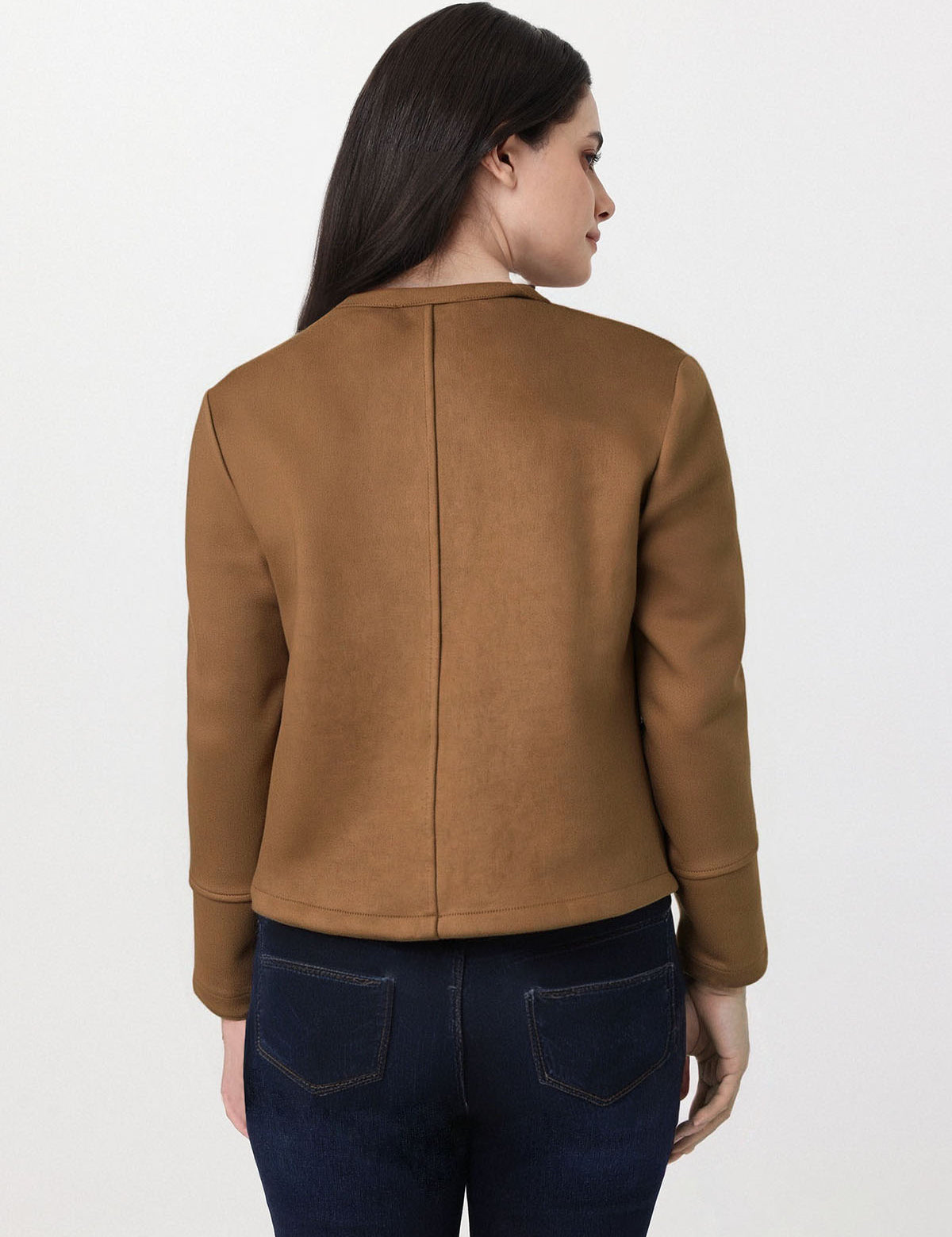 Woman wearing a brown jacket on a white background