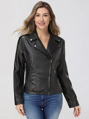 Woman wearing a black leather jacket on a white background