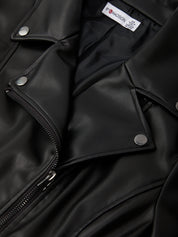 Close-up of a black leather jacket with a brand label visible.