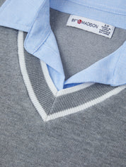 Gray sweater with blue collar and 'Madison' label