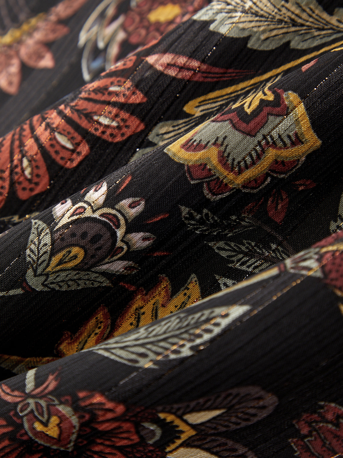 Close-up of floral embroidery on a black fabric background