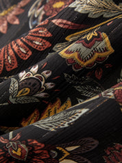 Close-up of floral embroidery on a black fabric background