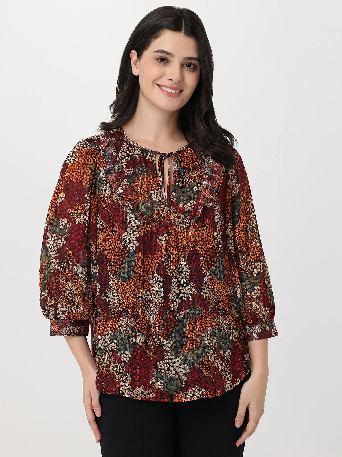 Floral Balloon Sleeve Tie Neck Blouse