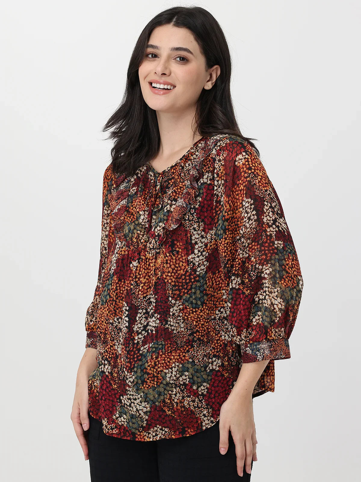Floral Balloon Sleeve Tie Neck Blouse