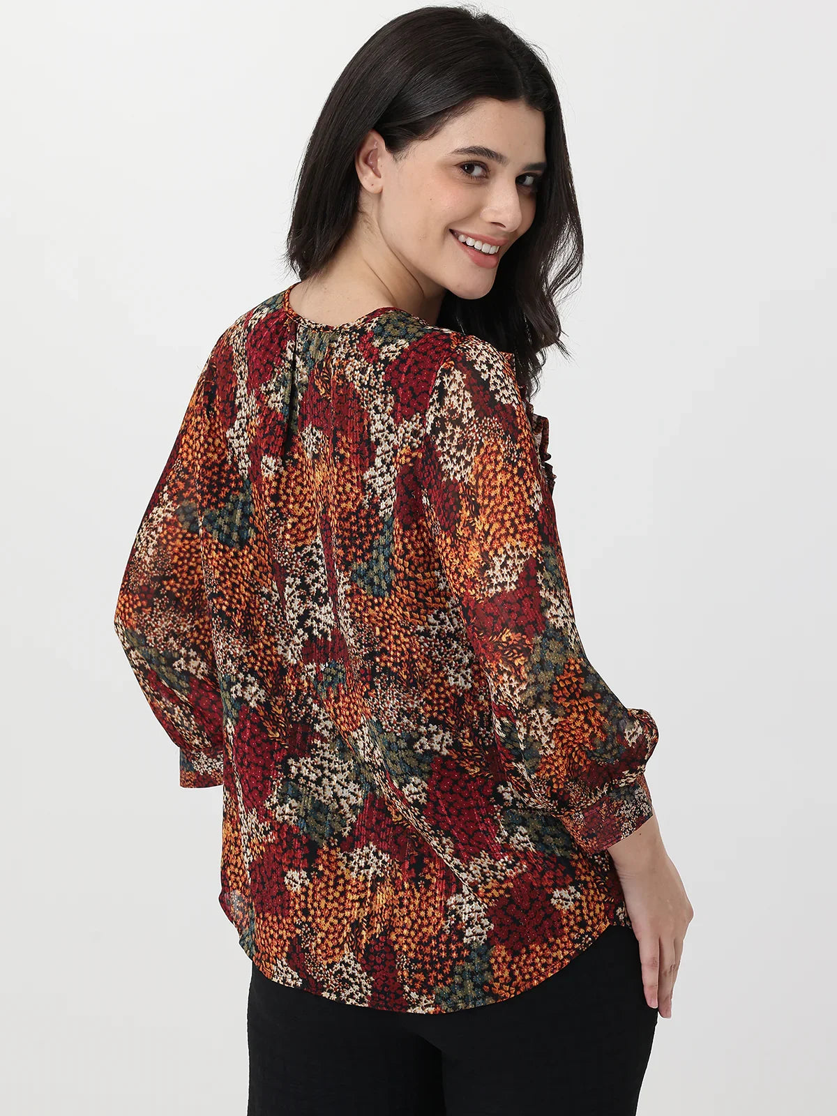 Floral Balloon Sleeve Tie Neck Blouse
