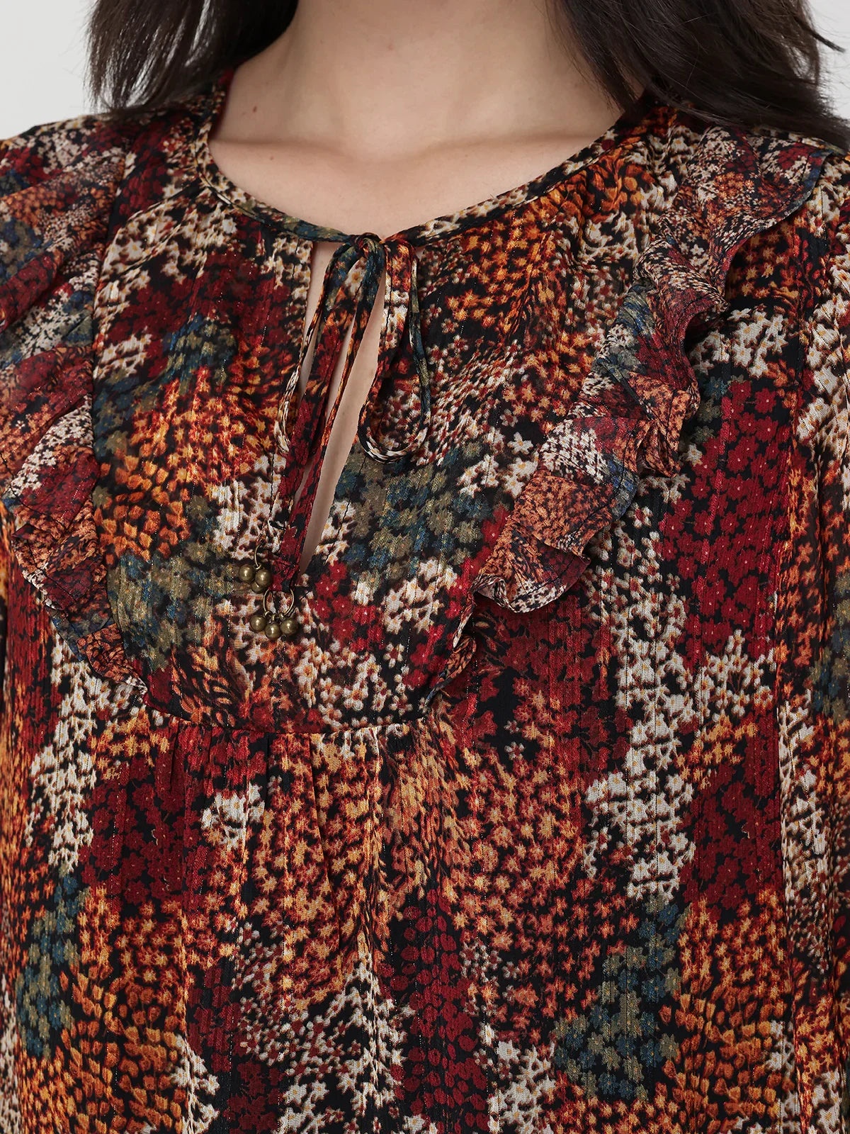Floral Balloon Sleeve Tie Neck Blouse