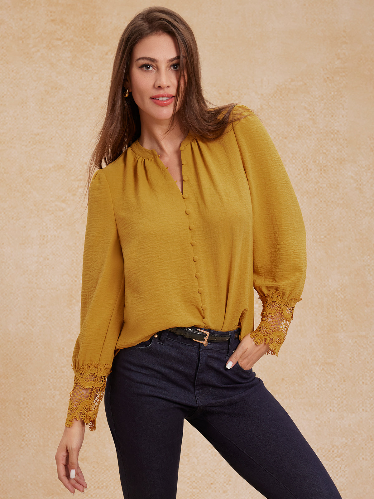 Lace Cuff Button Down Blouse