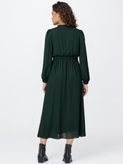 Woman wearing a green dress on a white background
