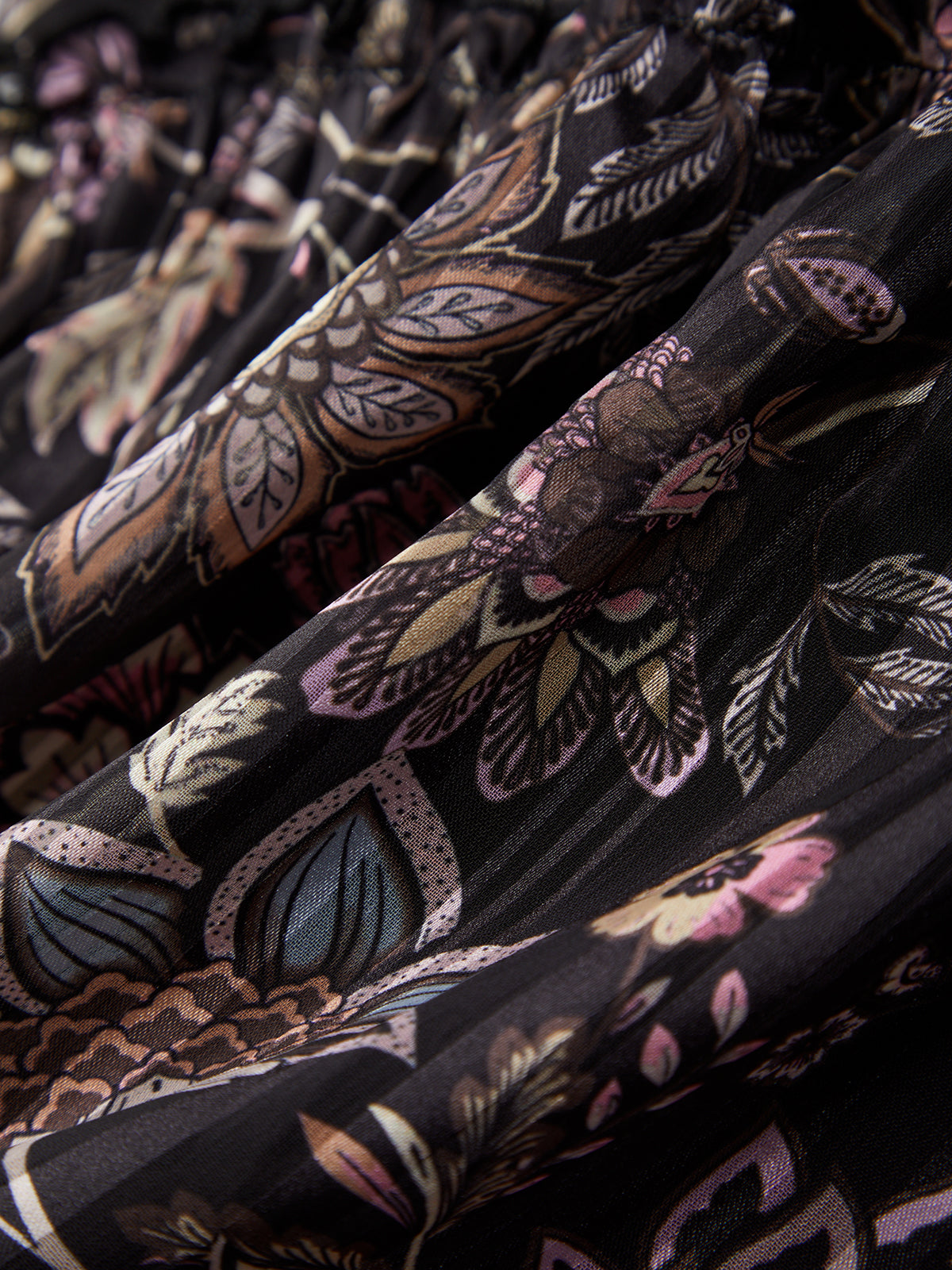 Close-up of patterned fabric with floral and leaf designs on a black background