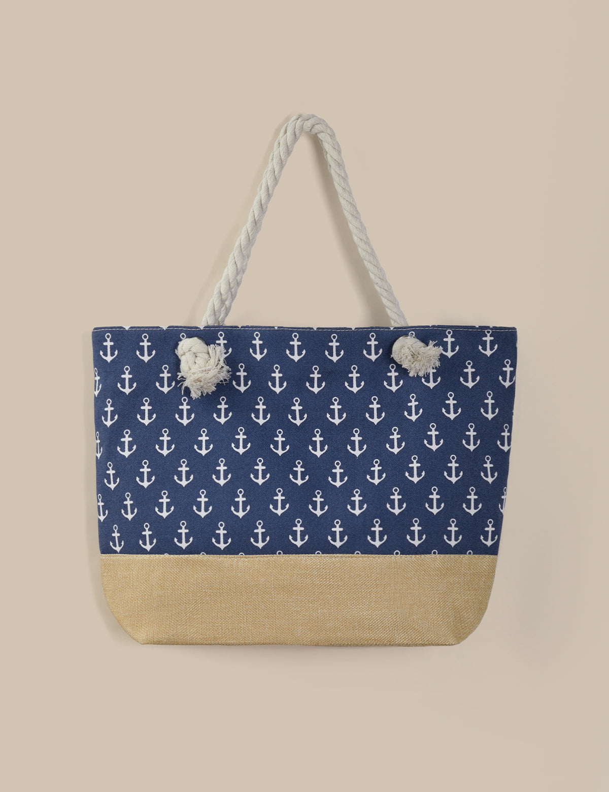 Tote bag with anchor pattern on a blue background and beige bottom section.