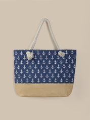 Tote bag with anchor pattern on a blue background and beige bottom section.