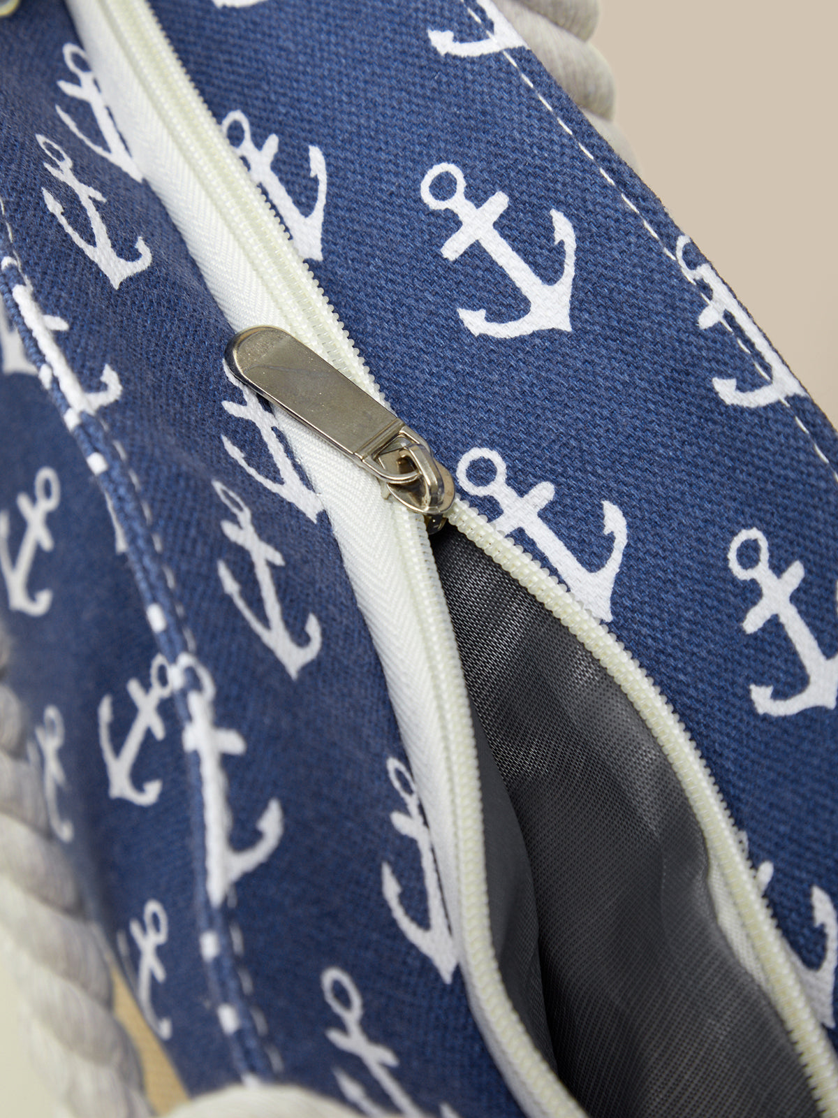 Close-up of a blue bag with white anchor pattern and zipper