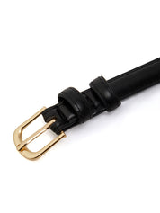 Black leather belt with a gold buckle on a white background