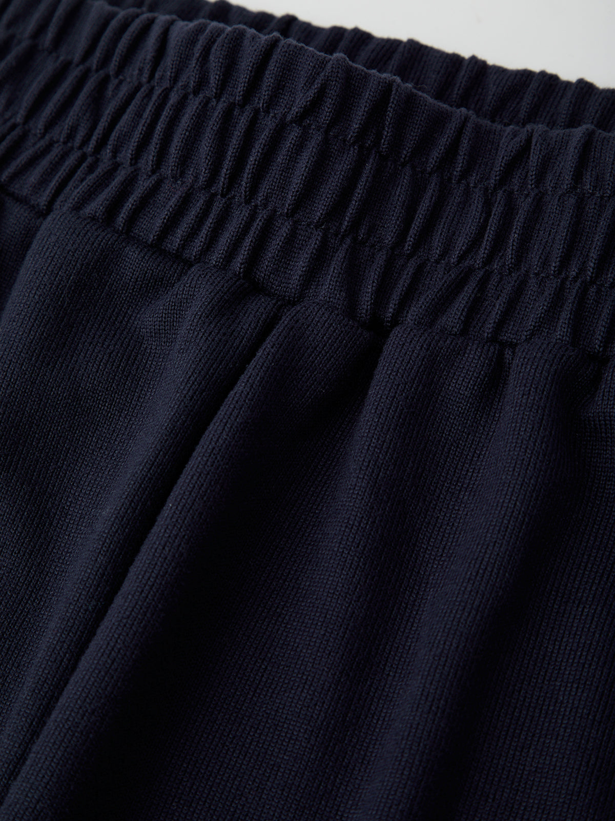 Close-up of dark blue pants with an elastic waistband.