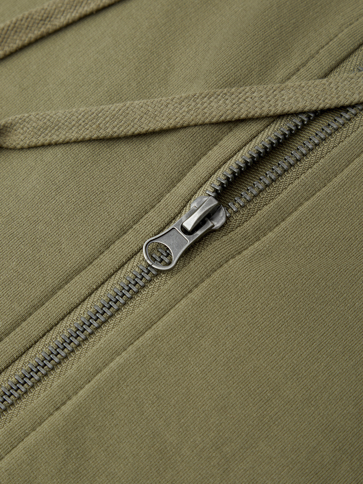 Close-up of a green jacket with a zipper