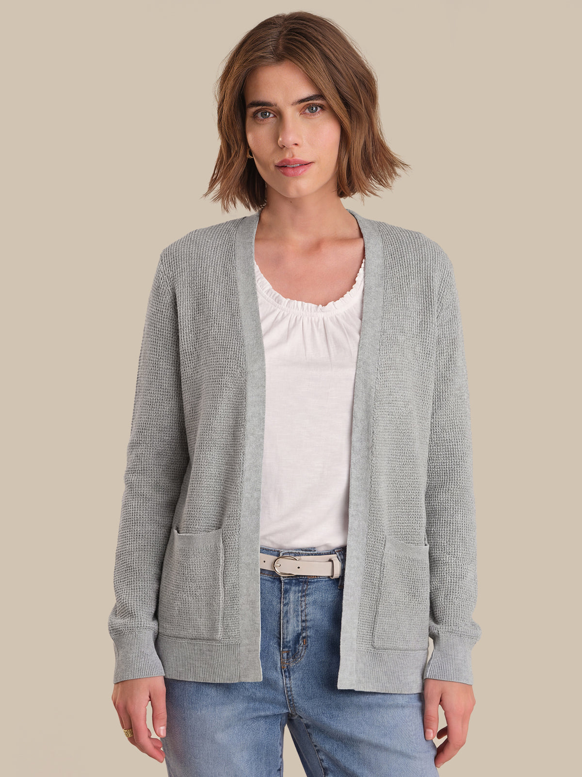 Waffle Stitch Open Front Cardigan