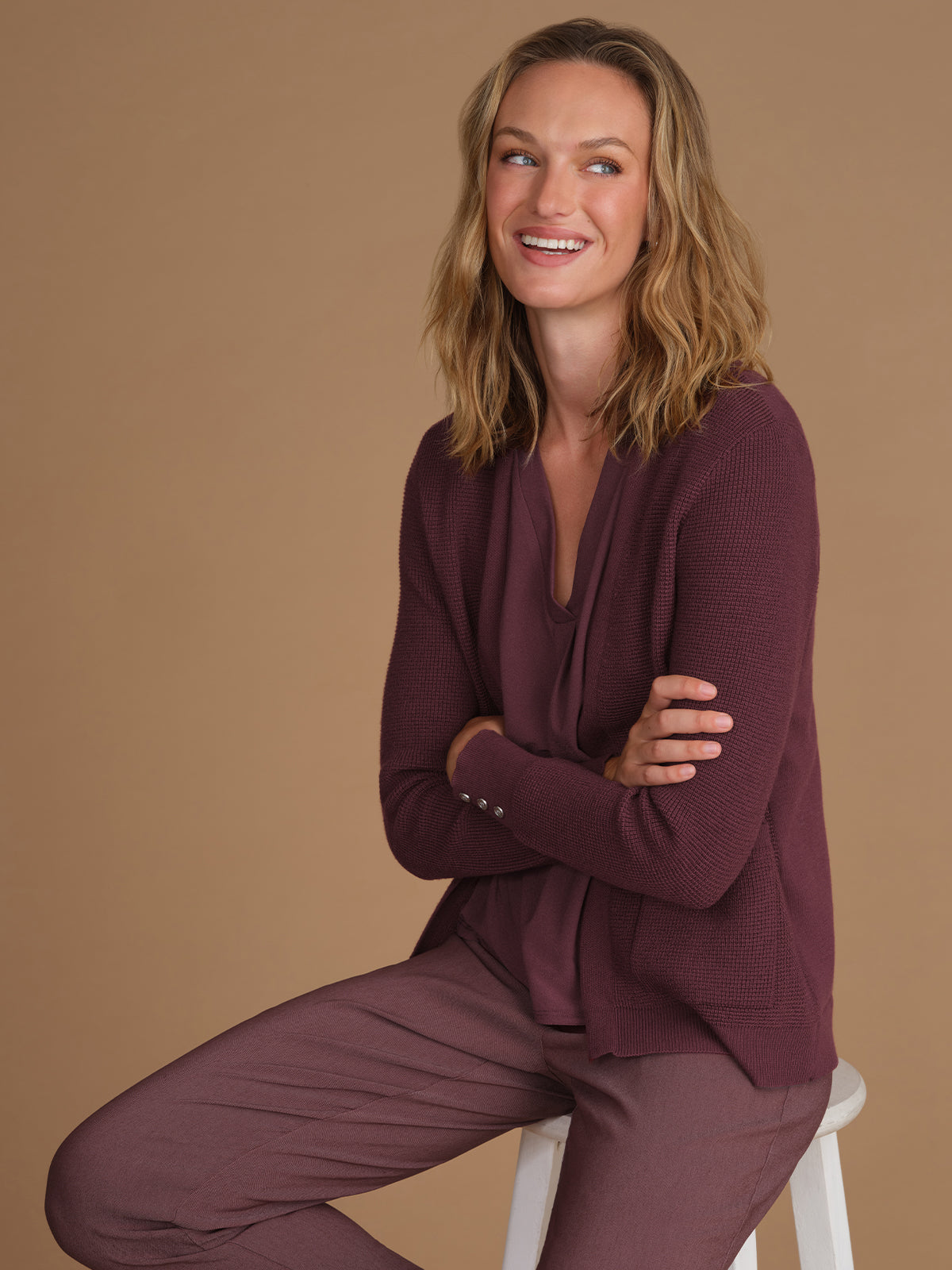 Waffle Stitch Open Front Cardigan