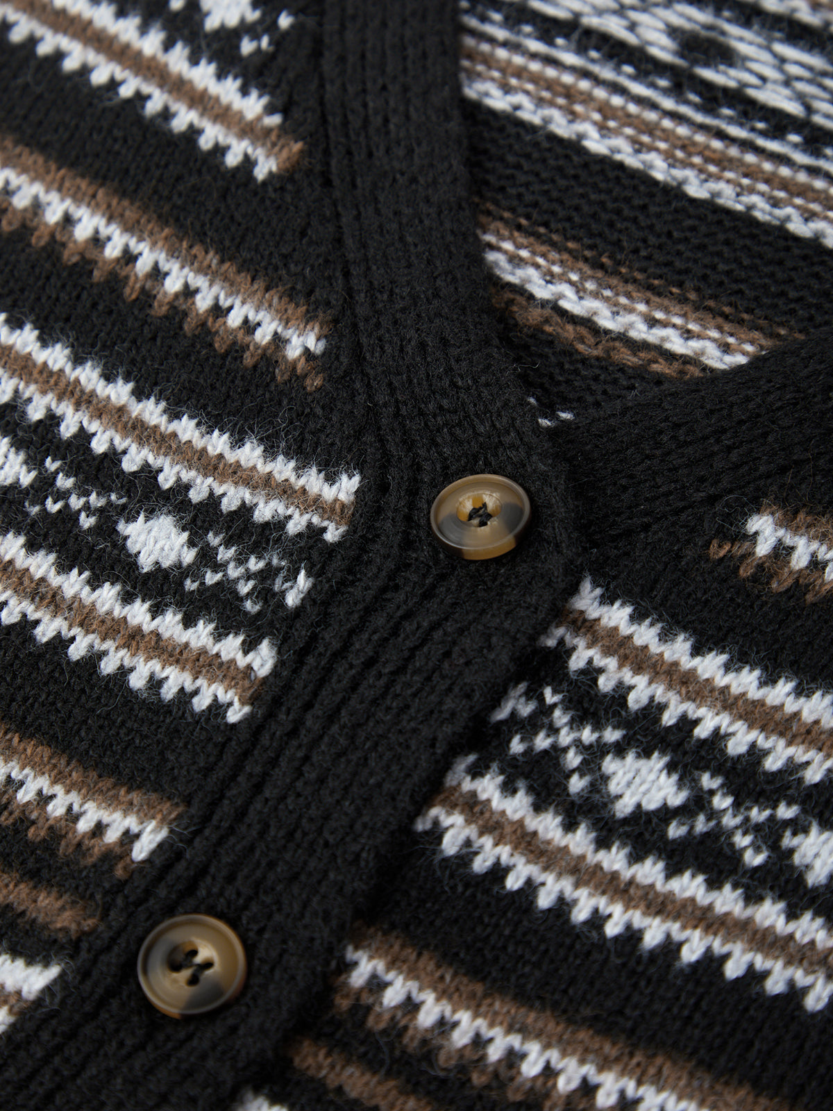 Close-up of a black knit cardigan with patterned buttons and design.