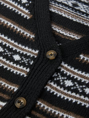 Close-up of a black knit cardigan with patterned buttons and design.