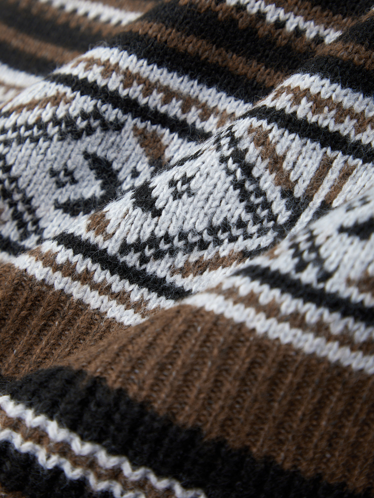 Close-up of a knitted fabric with a pattern featuring brown, black, and white colors.