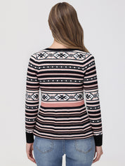 Person wearing a patterned sweater with a plain background