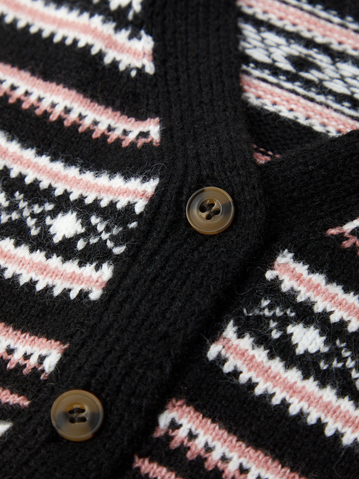 Close-up of a black cardigan with pink and white pattern and gold buttons.