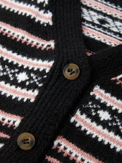Close-up of a black cardigan with pink and white pattern and gold buttons.