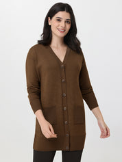 Woman wearing a brown cardigan on a white background