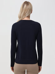 Person wearing a navy sweater on a light gray background