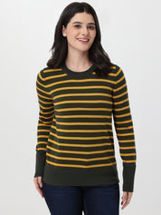 Woman wearing a green and yellow striped sweater on a white background