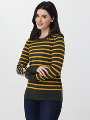 Woman wearing a green and yellow striped sweater on a white background