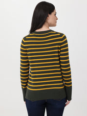 Woman wearing a green and yellow striped sweater on a white background
